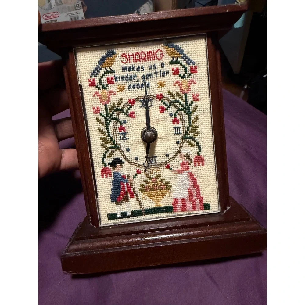 Vintage Wood Mantle Clock Cross Stitch FaceSharing KinderGentler People Folk Art